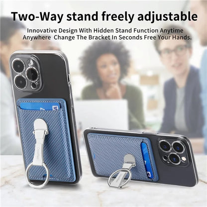 CASENEO KB-42 Card Holder Foldable Kickstand Carbon Fiber Texture Leather Adhesive Stick-On Card Pocket