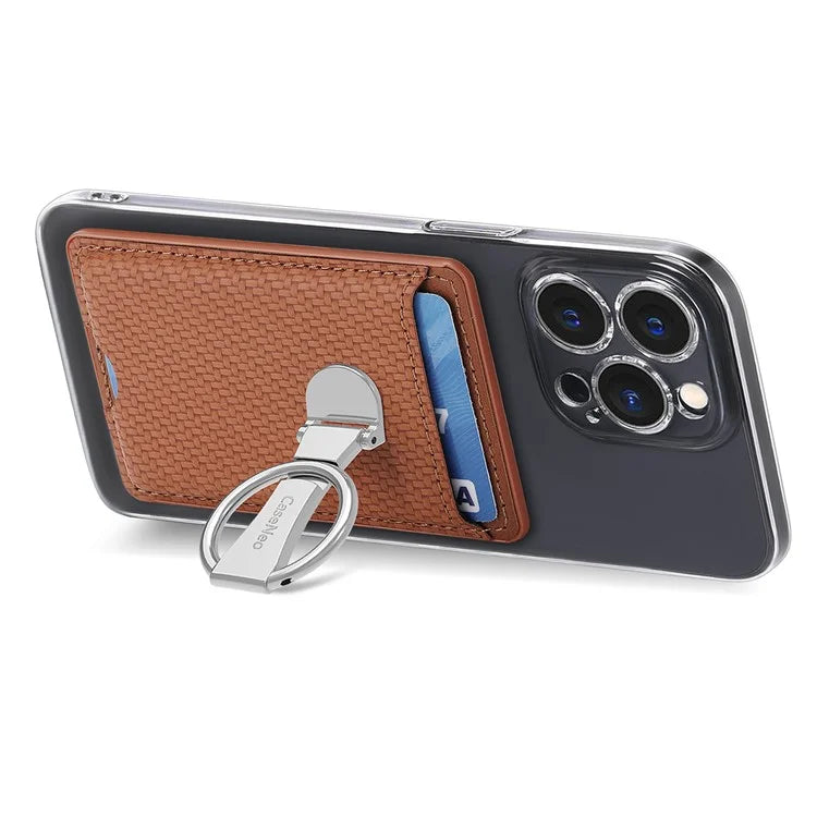 CASENEO KB-42 Card Holder Foldable Kickstand Carbon Fiber Texture Leather Adhesive Stick-On Card Pocket