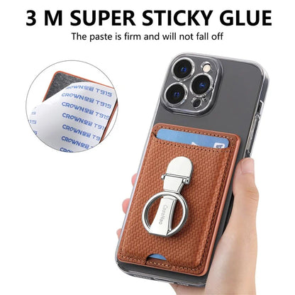 CASENEO KB-42 Card Holder Foldable Kickstand Carbon Fiber Texture Leather Adhesive Stick-On Card Pocket