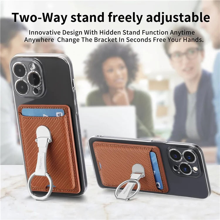 CASENEO KB-42 Card Holder Foldable Kickstand Carbon Fiber Texture Leather Adhesive Stick-On Card Pocket