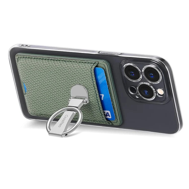 CASENEO KB-42 Card Holder Foldable Kickstand Carbon Fiber Texture Leather Adhesive Stick-On Card Pocket