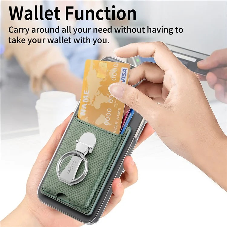 CASENEO KB-42 Card Holder Foldable Kickstand Carbon Fiber Texture Leather Adhesive Stick-On Card Pocket
