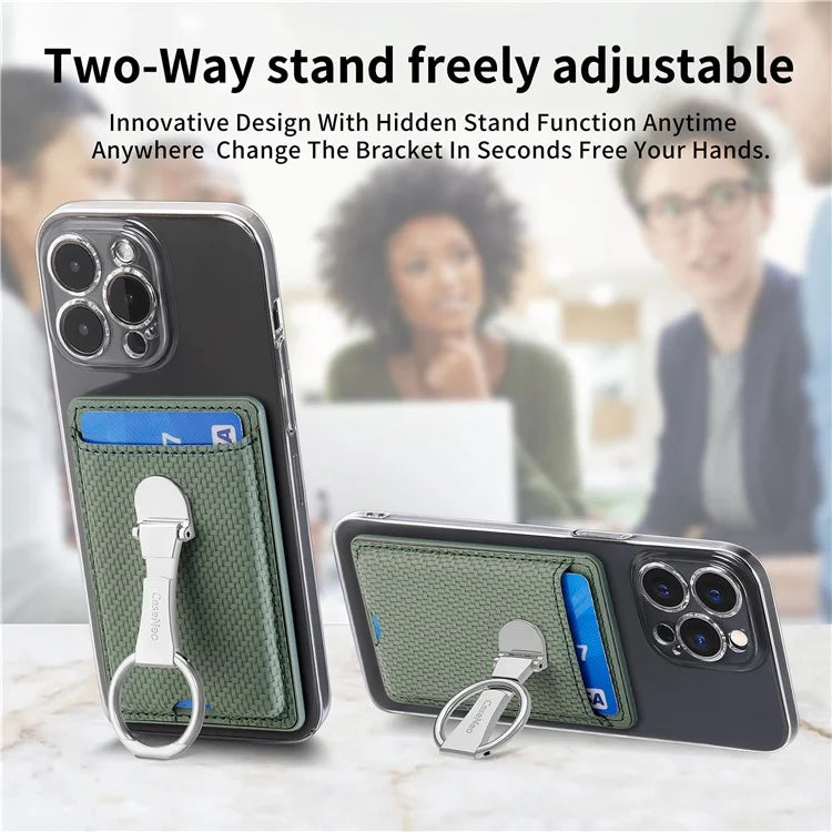 CASENEO KB-42 Card Holder Foldable Kickstand Carbon Fiber Texture Leather Adhesive Stick-On Card Pocket