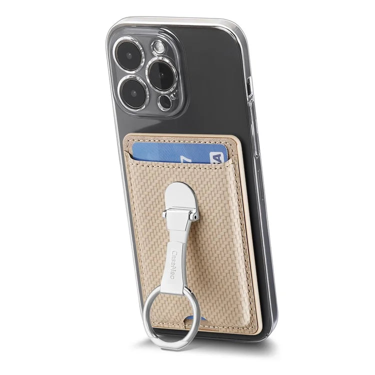 CASENEO KB-42 Card Holder Foldable Kickstand Carbon Fiber Texture Leather Adhesive Stick-On Card Pocket