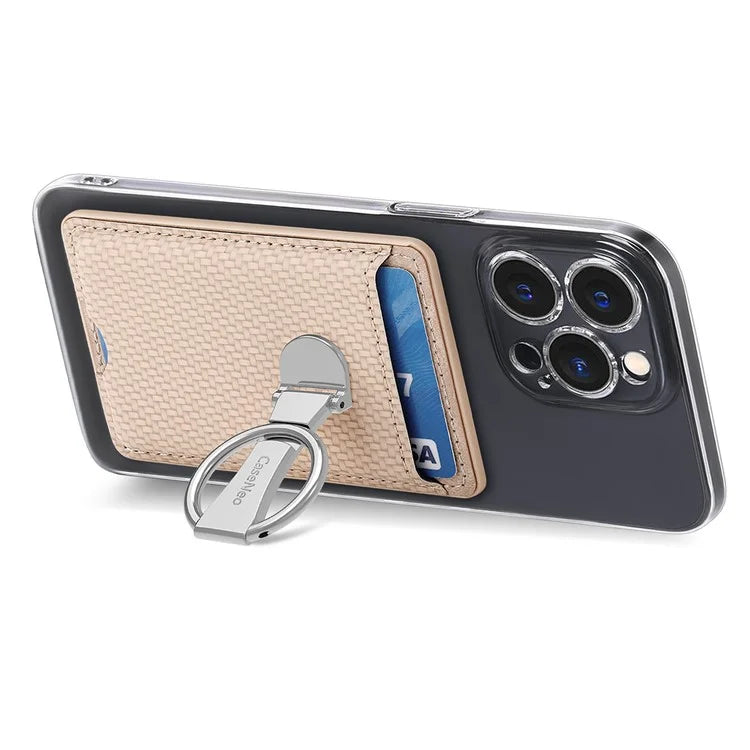 CASENEO KB-42 Card Holder Foldable Kickstand Carbon Fiber Texture Leather Adhesive Stick-On Card Pocket