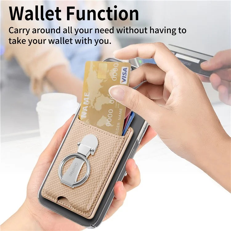 CASENEO KB-42 Card Holder Foldable Kickstand Carbon Fiber Texture Leather Adhesive Stick-On Card Pocket
