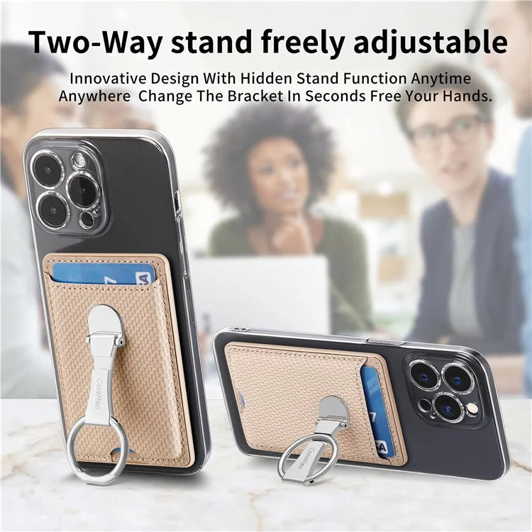 CASENEO KB-42 Card Holder Foldable Kickstand Carbon Fiber Texture Leather Adhesive Stick-On Card Pocket