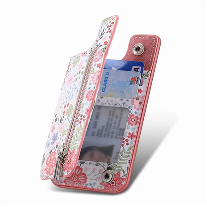 KB-32 Stick-On Card Holder Kickstand Pattern Leather Zipper Card Bag RFID Blocking