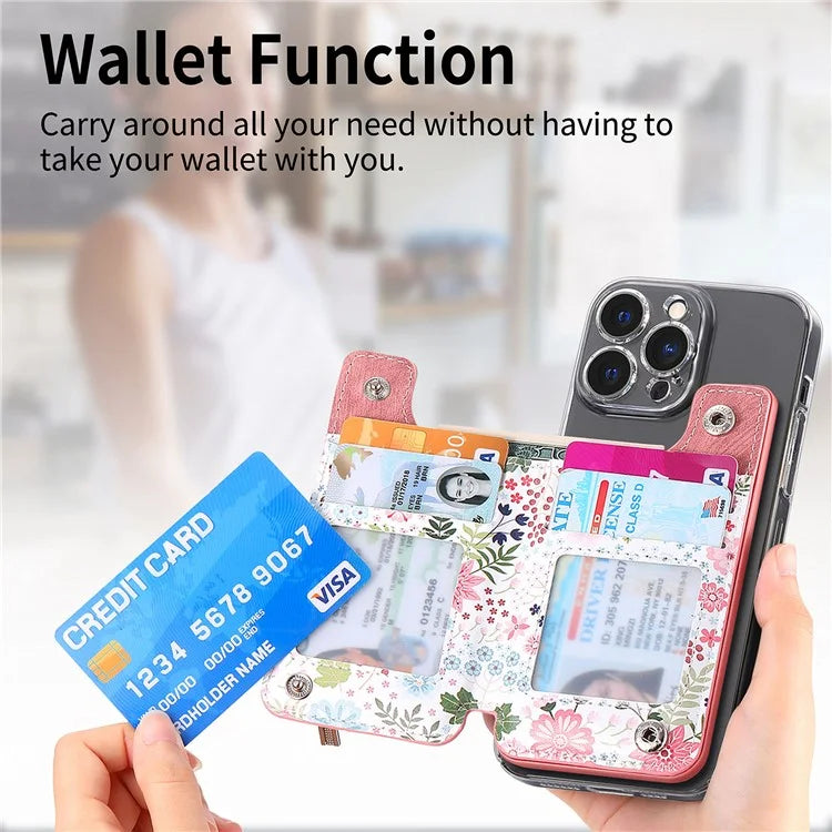 KB-32 Stick-On Card Holder Kickstand Pattern Leather Zipper Card Bag RFID Blocking