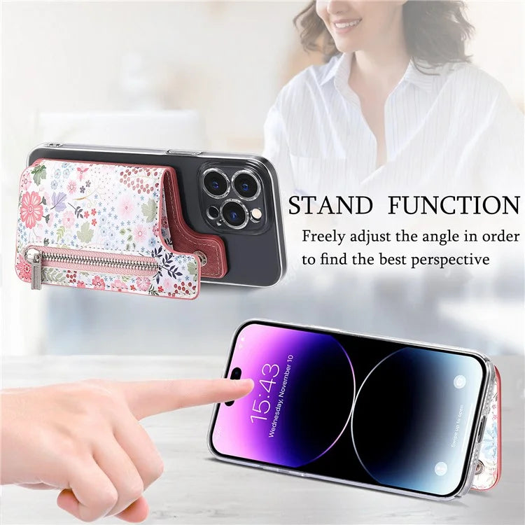 KB-32 Stick-On Card Holder Kickstand Pattern Leather Zipper Card Bag RFID Blocking