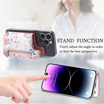 KB-32 Stick-On Card Holder Kickstand Pattern Leather Zipper Card Bag RFID Blocking