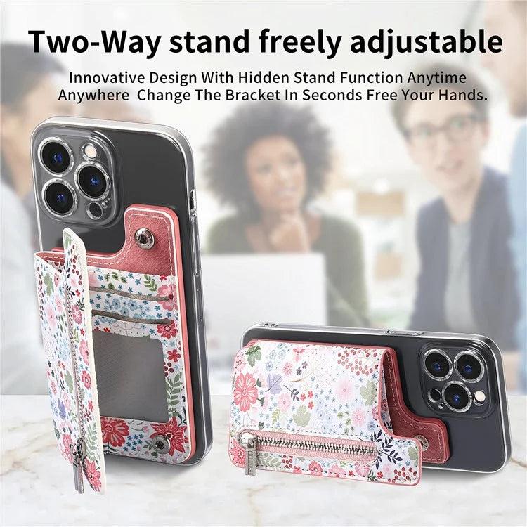 KB-32 Stick-On Card Holder Kickstand Pattern Leather Zipper Card Bag RFID Blocking