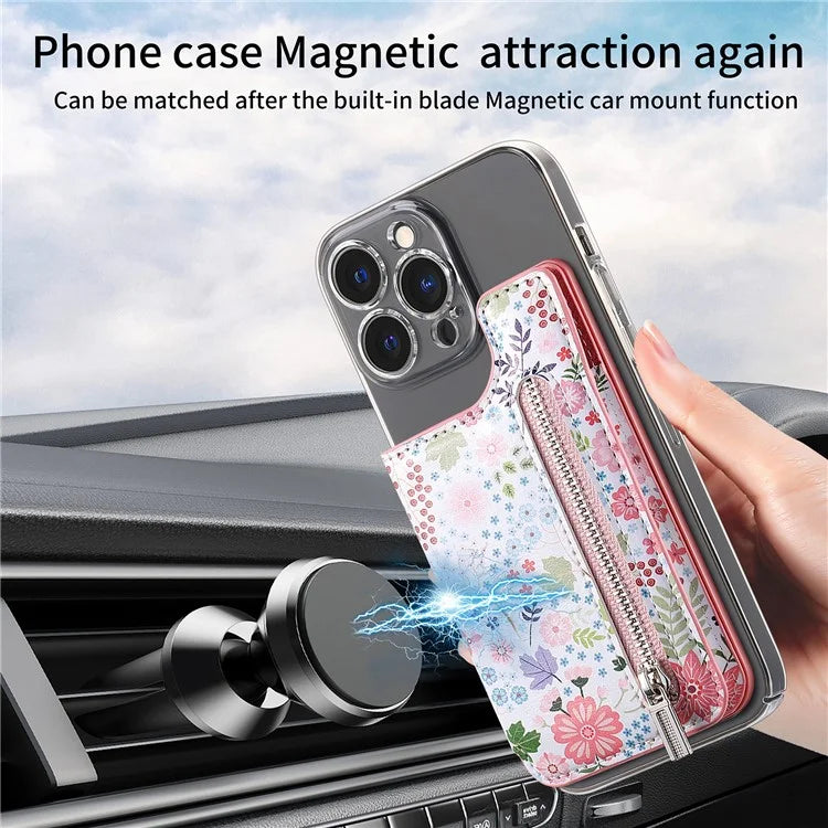 KB-32 Stick-On Card Holder Kickstand Pattern Leather Zipper Card Bag RFID Blocking