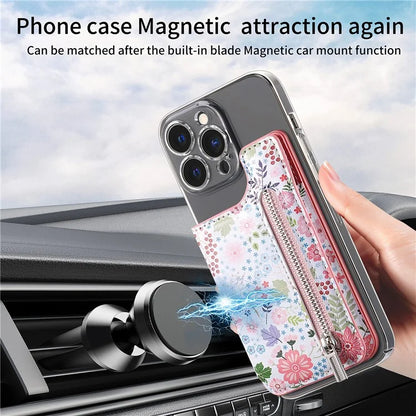 KB-32 Stick-On Card Holder Kickstand Pattern Leather Zipper Card Bag RFID Blocking
