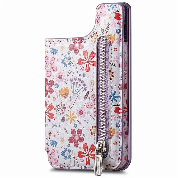 KB-32 Stick-On Card Holder Kickstand Pattern Leather Zipper Card Bag RFID Blocking