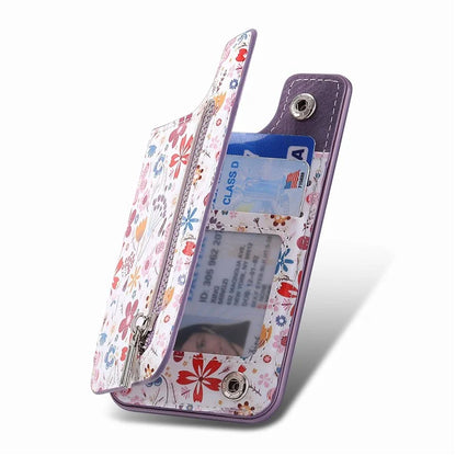 KB-32 Stick-On Card Holder Kickstand Pattern Leather Zipper Card Bag RFID Blocking