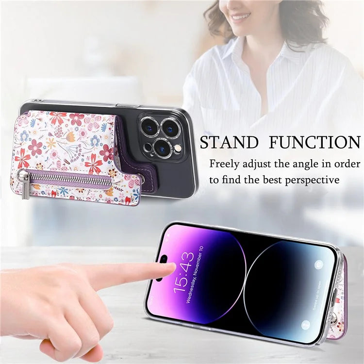 KB-32 Stick-On Card Holder Kickstand Pattern Leather Zipper Card Bag RFID Blocking