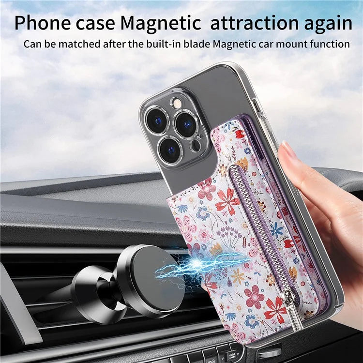 KB-32 Stick-On Card Holder Kickstand Pattern Leather Zipper Card Bag RFID Blocking