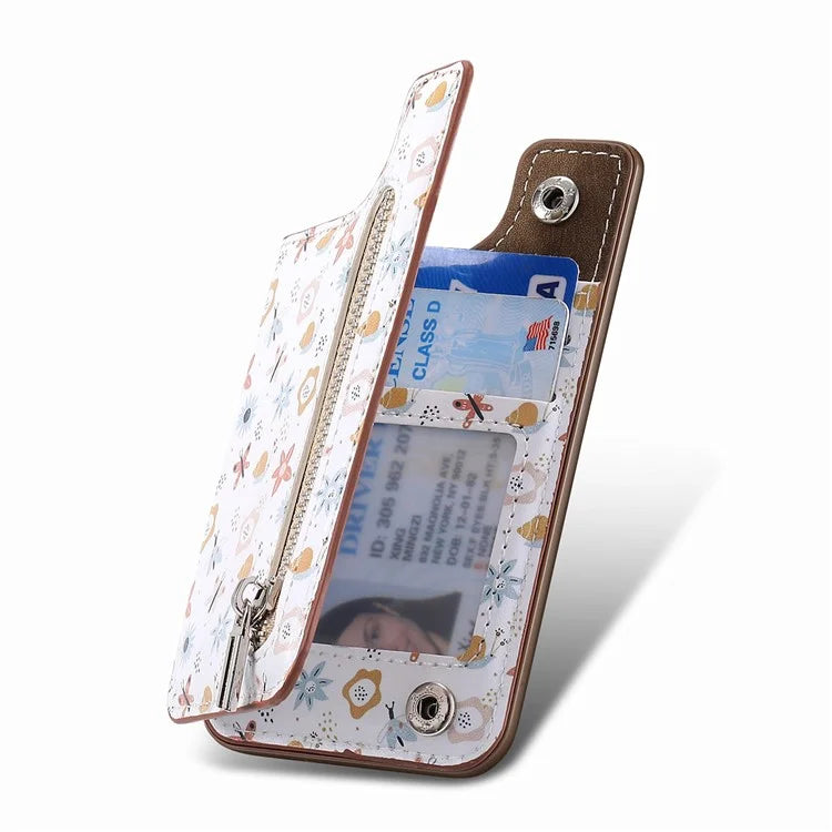 KB-32 Stick-On Card Holder Kickstand Pattern Leather Zipper Card Bag RFID Blocking