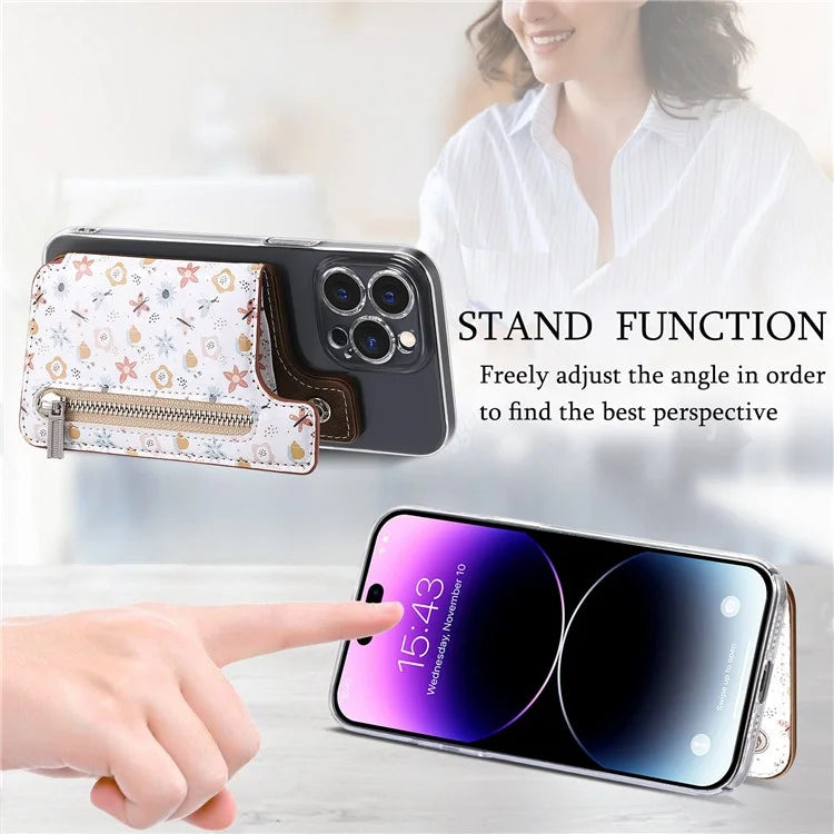 KB-32 Stick-On Card Holder Kickstand Pattern Leather Zipper Card Bag RFID Blocking