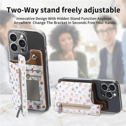 KB-32 Stick-On Card Holder Kickstand Pattern Leather Zipper Card Bag RFID Blocking