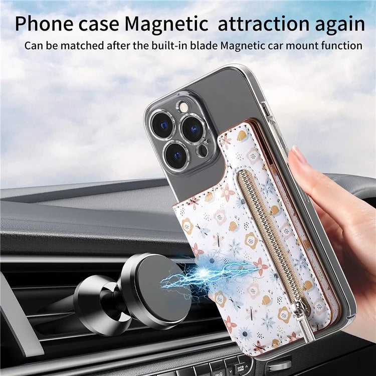 KB-32 Stick-On Card Holder Kickstand Pattern Leather Zipper Card Bag RFID Blocking