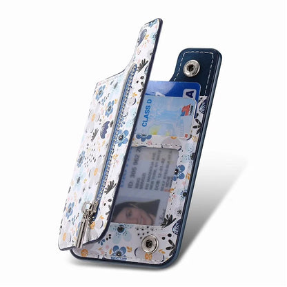 KB-32 Stick-On Card Holder Kickstand Pattern Leather Zipper Card Bag RFID Blocking