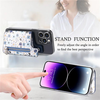 KB-32 Stick-On Card Holder Kickstand Pattern Leather Zipper Card Bag RFID Blocking