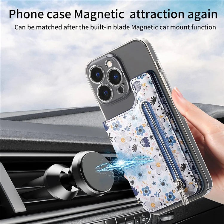 KB-32 Stick-On Card Holder Kickstand Pattern Leather Zipper Card Bag RFID Blocking