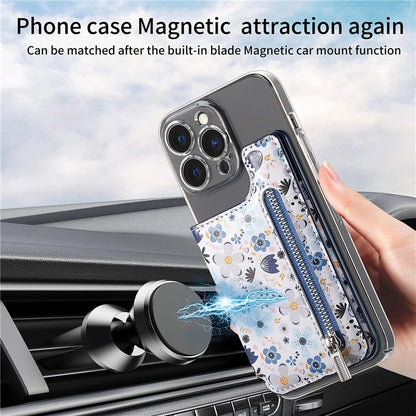 KB-32 Stick-On Card Holder Kickstand Pattern Leather Zipper Card Bag RFID Blocking