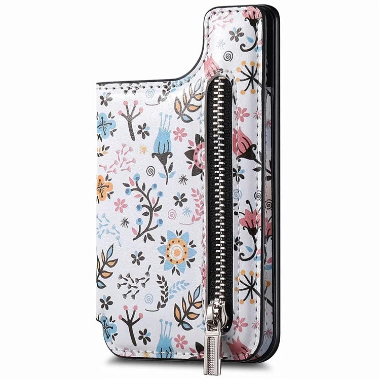 KB-32 Stick-On Card Holder Kickstand Pattern Leather Zipper Card Bag RFID Blocking