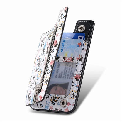 KB-32 Stick-On Card Holder Kickstand Pattern Leather Zipper Card Bag RFID Blocking