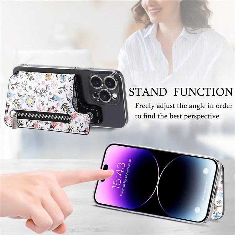 KB-32 Stick-On Card Holder Kickstand Pattern Leather Zipper Card Bag RFID Blocking