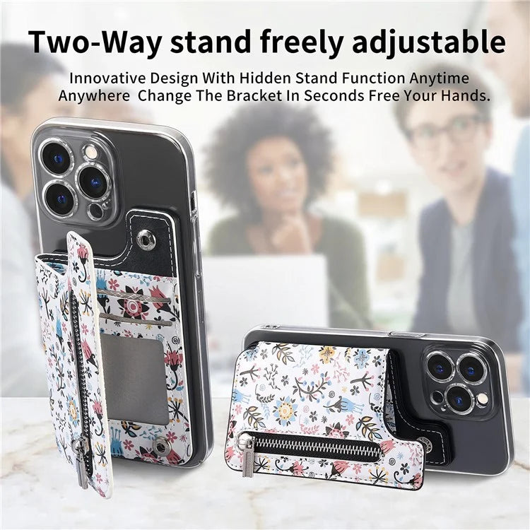 KB-32 Stick-On Card Holder Kickstand Pattern Leather Zipper Card Bag RFID Blocking