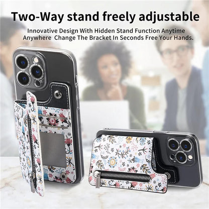 KB-32 Stick-On Card Holder Kickstand Pattern Leather Zipper Card Bag RFID Blocking