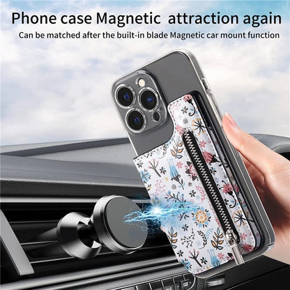 KB-32 Stick-On Card Holder Kickstand Pattern Leather Zipper Card Bag RFID Blocking