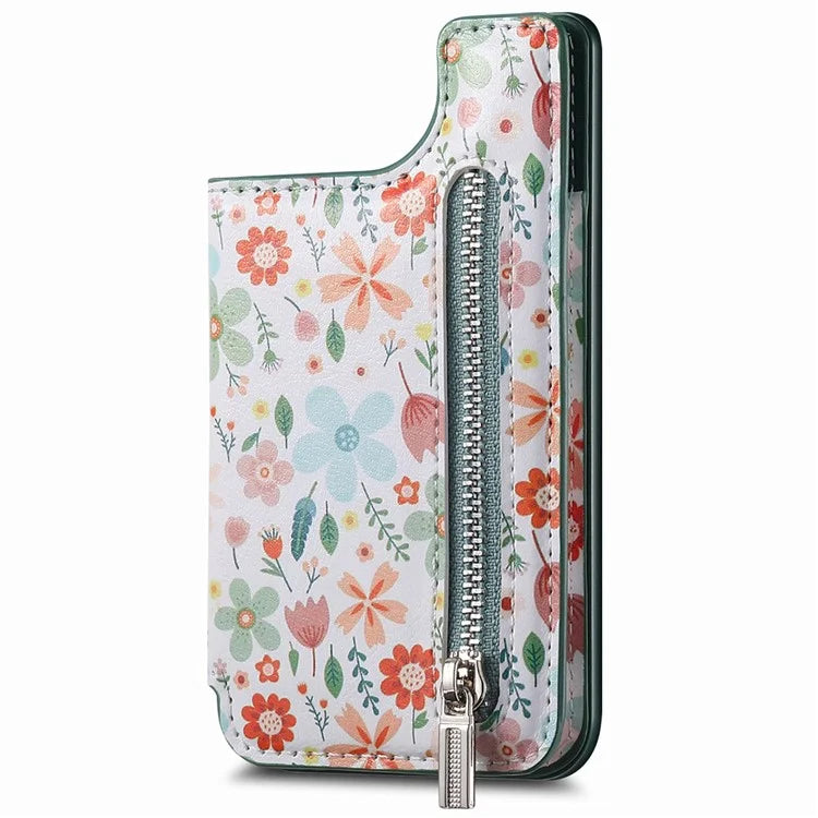 KB-32 Stick-On Card Holder Kickstand Pattern Leather Zipper Card Bag RFID Blocking