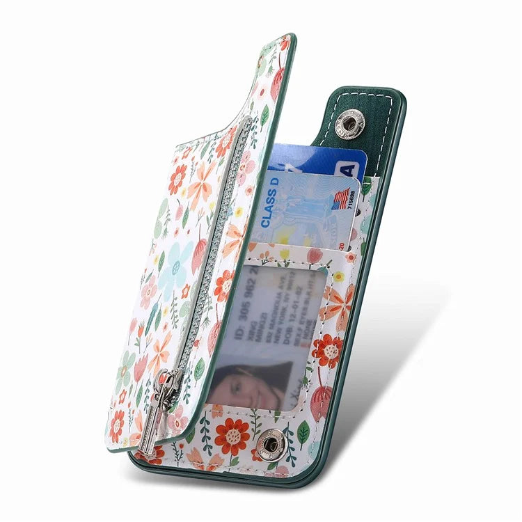KB-32 Stick-On Card Holder Kickstand Pattern Leather Zipper Card Bag RFID Blocking