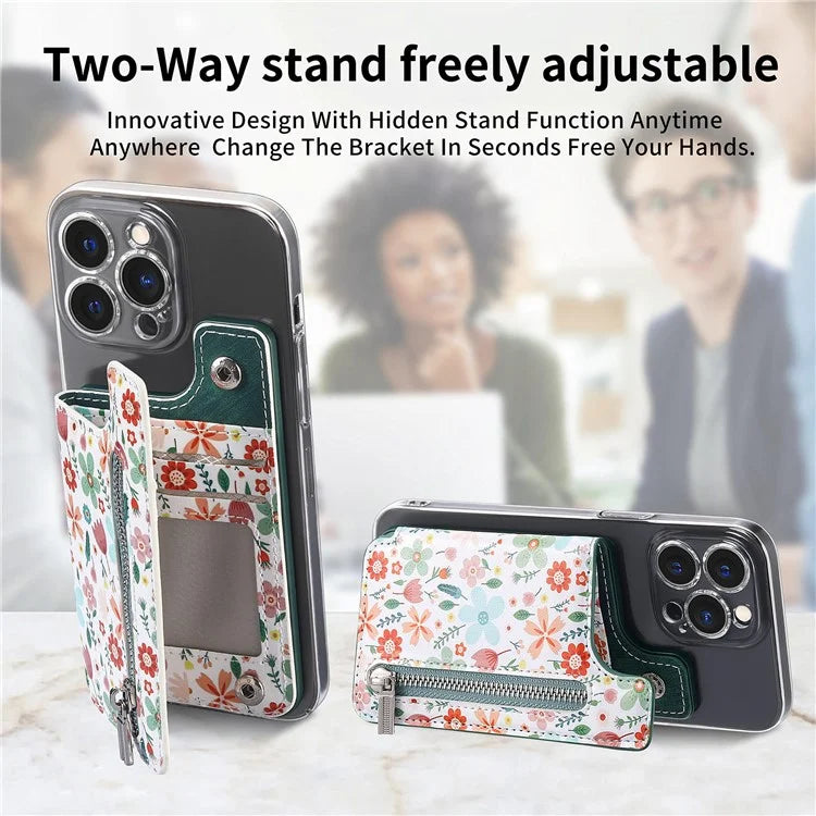 KB-32 Stick-On Card Holder Kickstand Pattern Leather Zipper Card Bag RFID Blocking