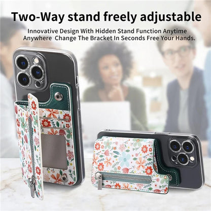 KB-32 Stick-On Card Holder Kickstand Pattern Leather Zipper Card Bag RFID Blocking
