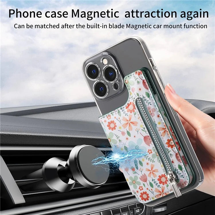 KB-32 Stick-On Card Holder Kickstand Pattern Leather Zipper Card Bag RFID Blocking