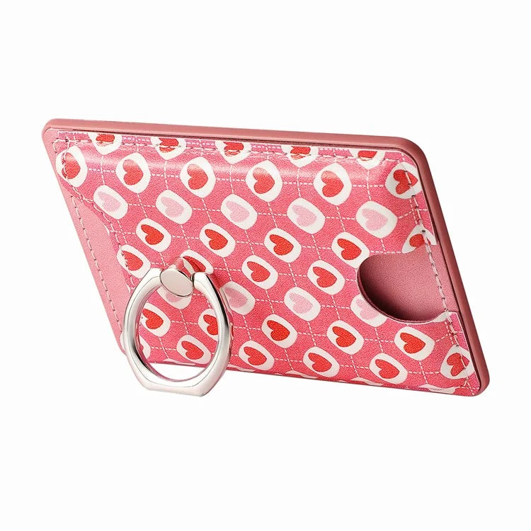 KB-46 Stick-On Card Holder Love Heart Pattern Leather Card Bag Finger Grip Kickstand