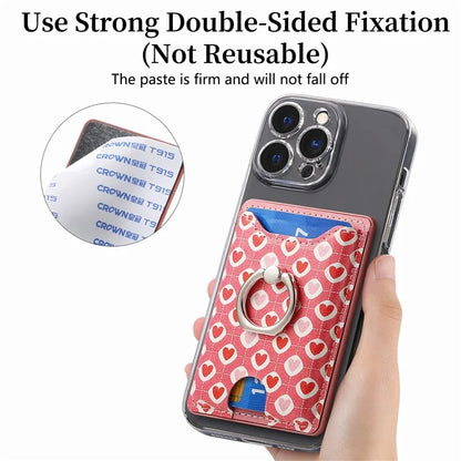 KB-46 Stick-On Card Holder Love Heart Pattern Leather Card Bag Finger Grip Kickstand