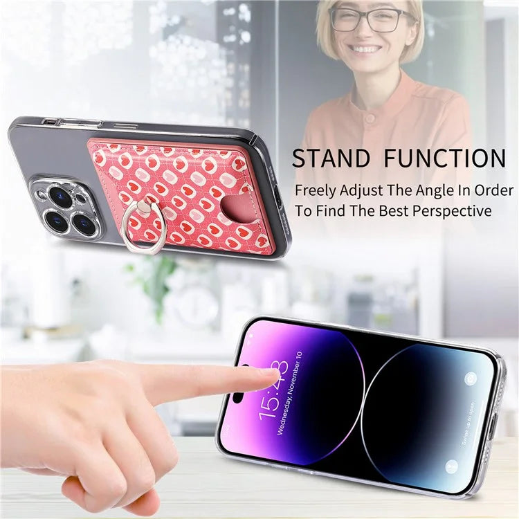KB-46 Stick-On Card Holder Love Heart Pattern Leather Card Bag Finger Grip Kickstand