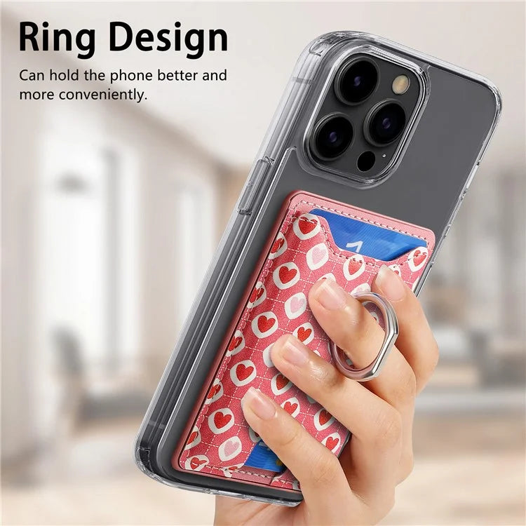 KB-46 Stick-On Card Holder Love Heart Pattern Leather Card Bag Finger Grip Kickstand