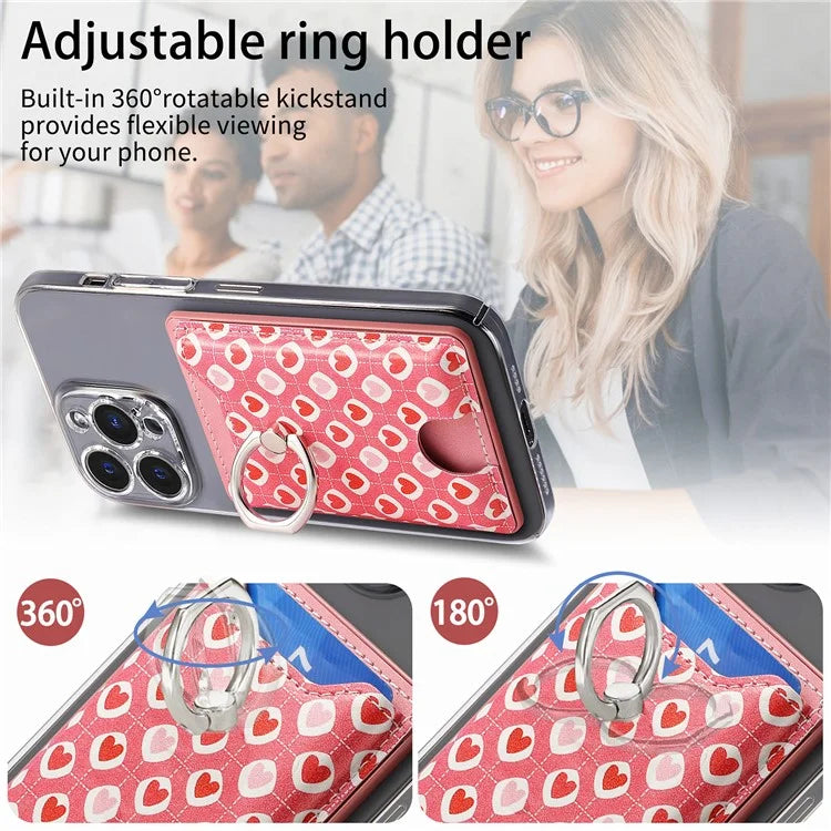 KB-46 Stick-On Card Holder Love Heart Pattern Leather Card Bag Finger Grip Kickstand