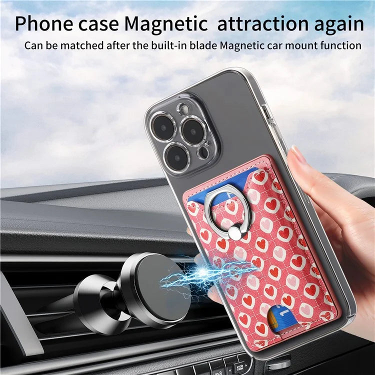 KB-46 Stick-On Card Holder Love Heart Pattern Leather Card Bag Finger Grip Kickstand