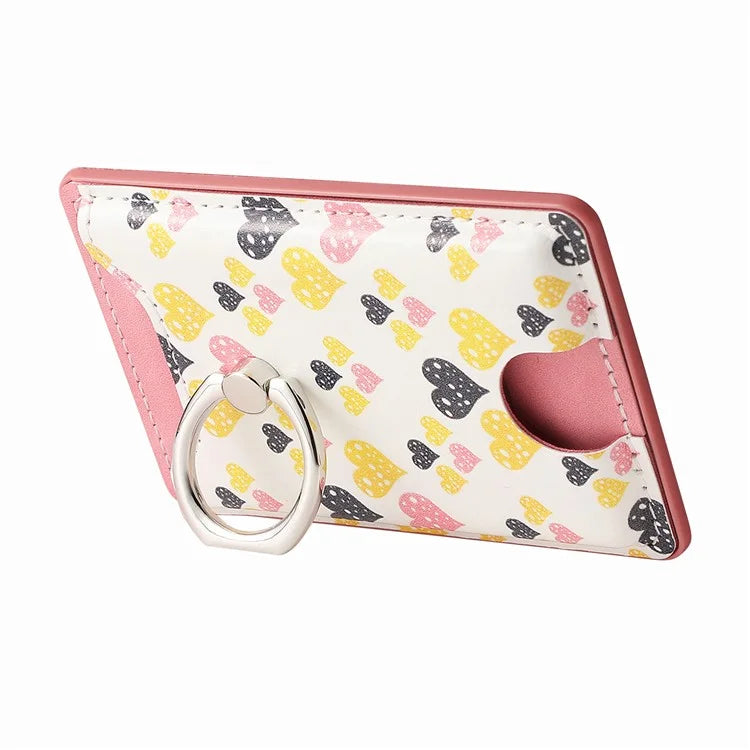 KB-46 Stick-On Card Holder Love Heart Pattern Leather Card Bag Finger Grip Kickstand