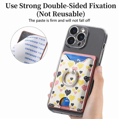 KB-46 Stick-On Card Holder Love Heart Pattern Leather Card Bag Finger Grip Kickstand