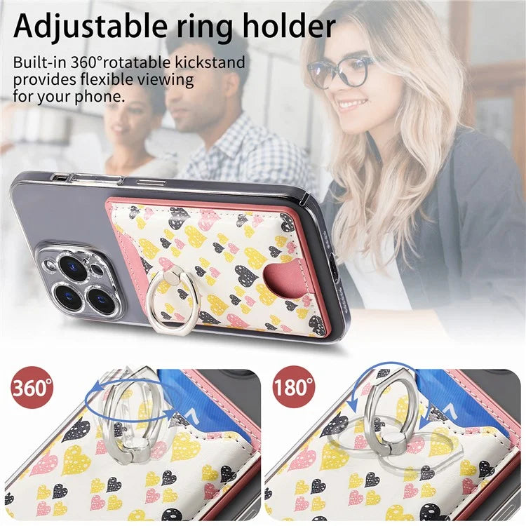 KB-46 Stick-On Card Holder Love Heart Pattern Leather Card Bag Finger Grip Kickstand
